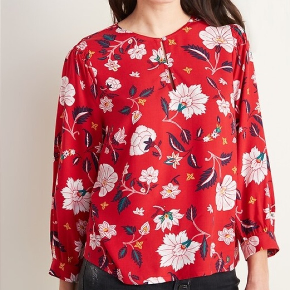 Old Navy Red Floral Button Front Smocked Shoulder Long‎ Sleeve Blouse Size XL